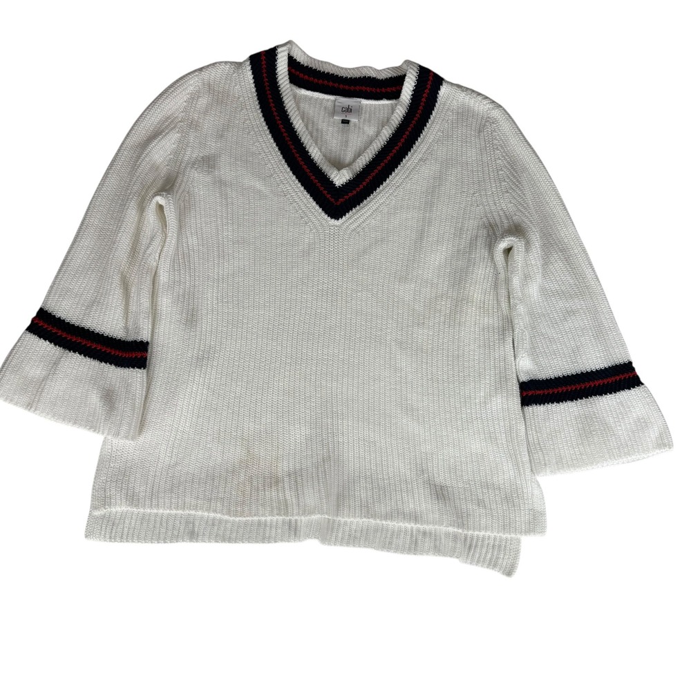 Cabi Ace hite Shaker Stitch V-Neck Pullover Sweater Striped Trim 5639 Small - Picture 10 of 10